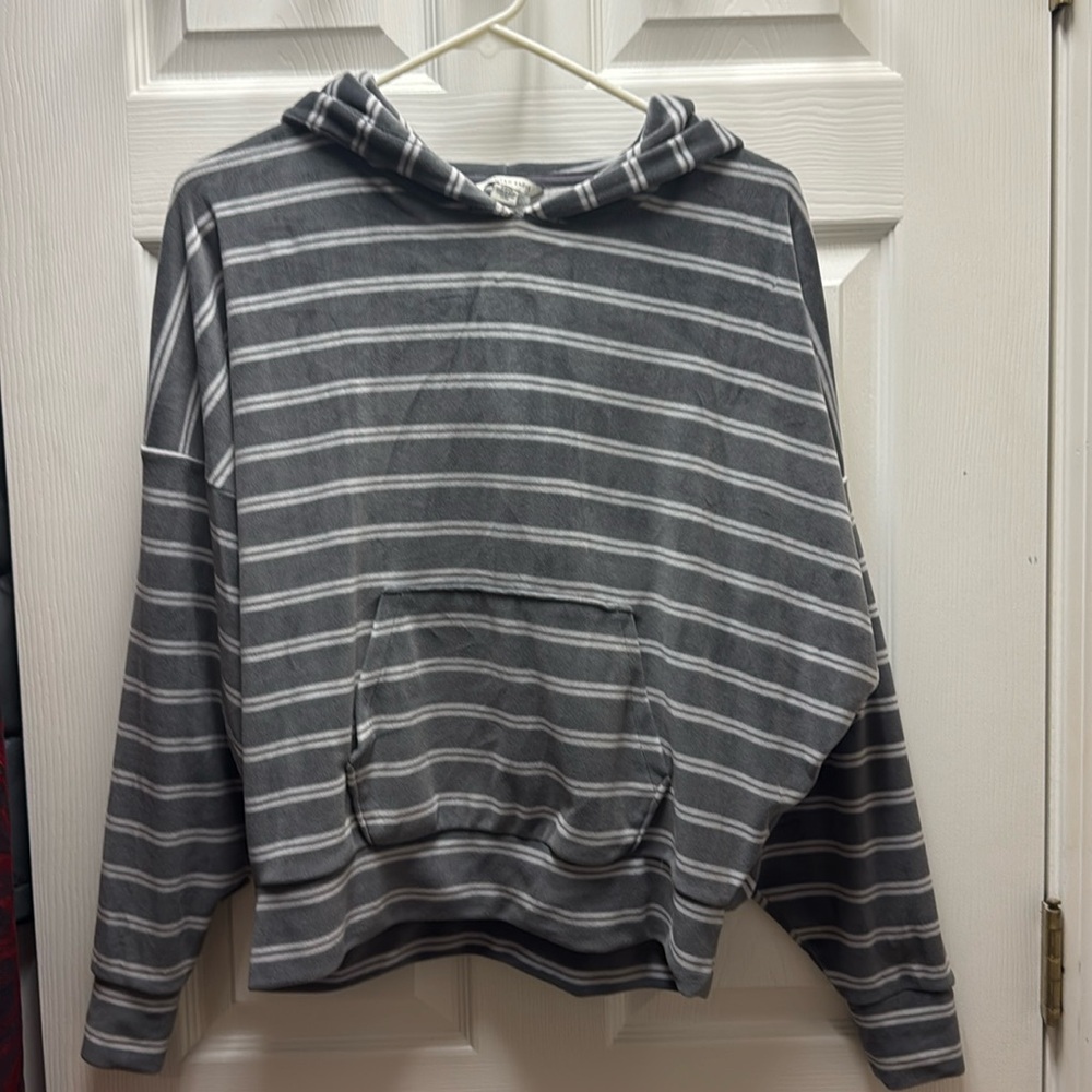 American Eagle gray and whitete striped velour hoodie